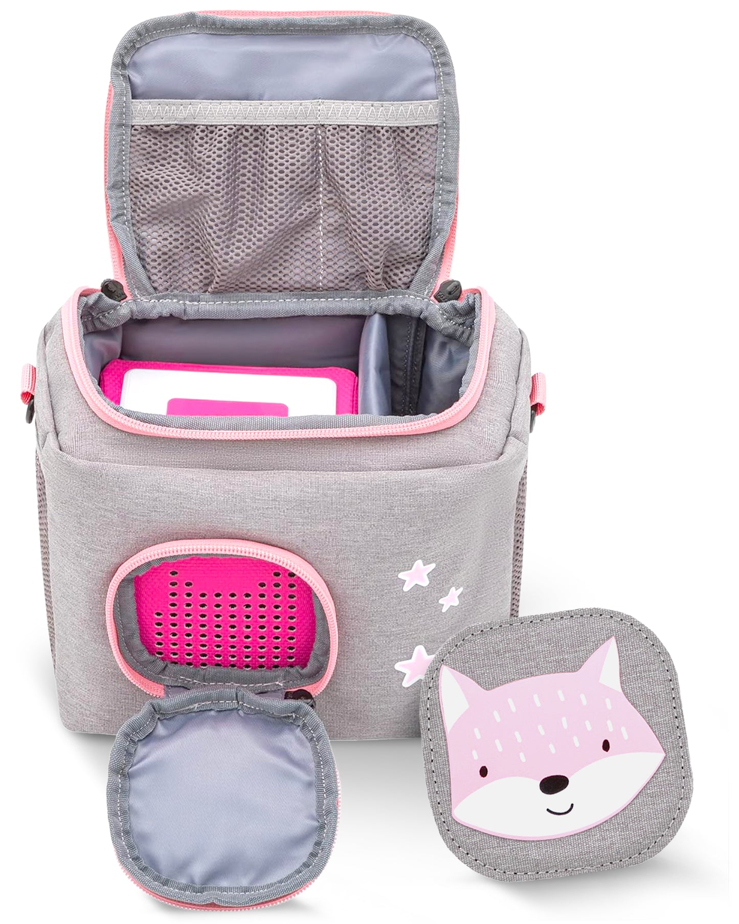 Tasche für Toniebox 1 und 2 - "BoxBag Mini" für Musikbox, 10 Figuren, Grau Rosa Fuchs