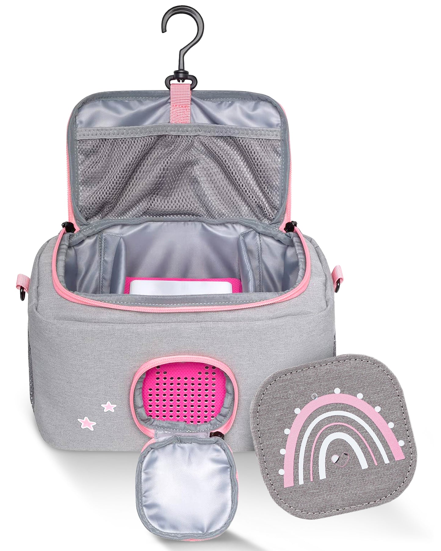 Tasche für Toniebox 1 und 2 - "BoxBag" für Musikbox, 20 Figuren und Kopfhörer, Grau-Rosa Regenbogen