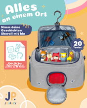 Laden Sie das Bild in den Galerie-Viewer, Tasche für Toniebox - &quot;BoxBag&quot; für Musikbox, 20 Figuren und Kopfhörer, Grau-Blau Dino
