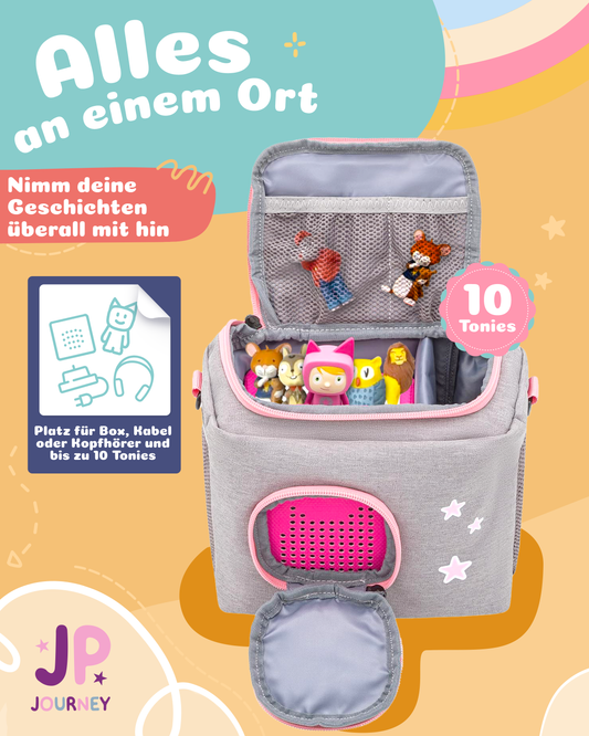 Tasche für Toniebox 1 und 2 - "BoxBag Mini" für Musikbox, 10 Figuren, Grau Rosa Fuchs