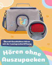 Laden Sie das Bild in den Galerie-Viewer, Tasche für Toniebox - &quot;BoxBag&quot; für Musikbox, 20 Figuren und Kopfhörer, Grau-Blau Dino
