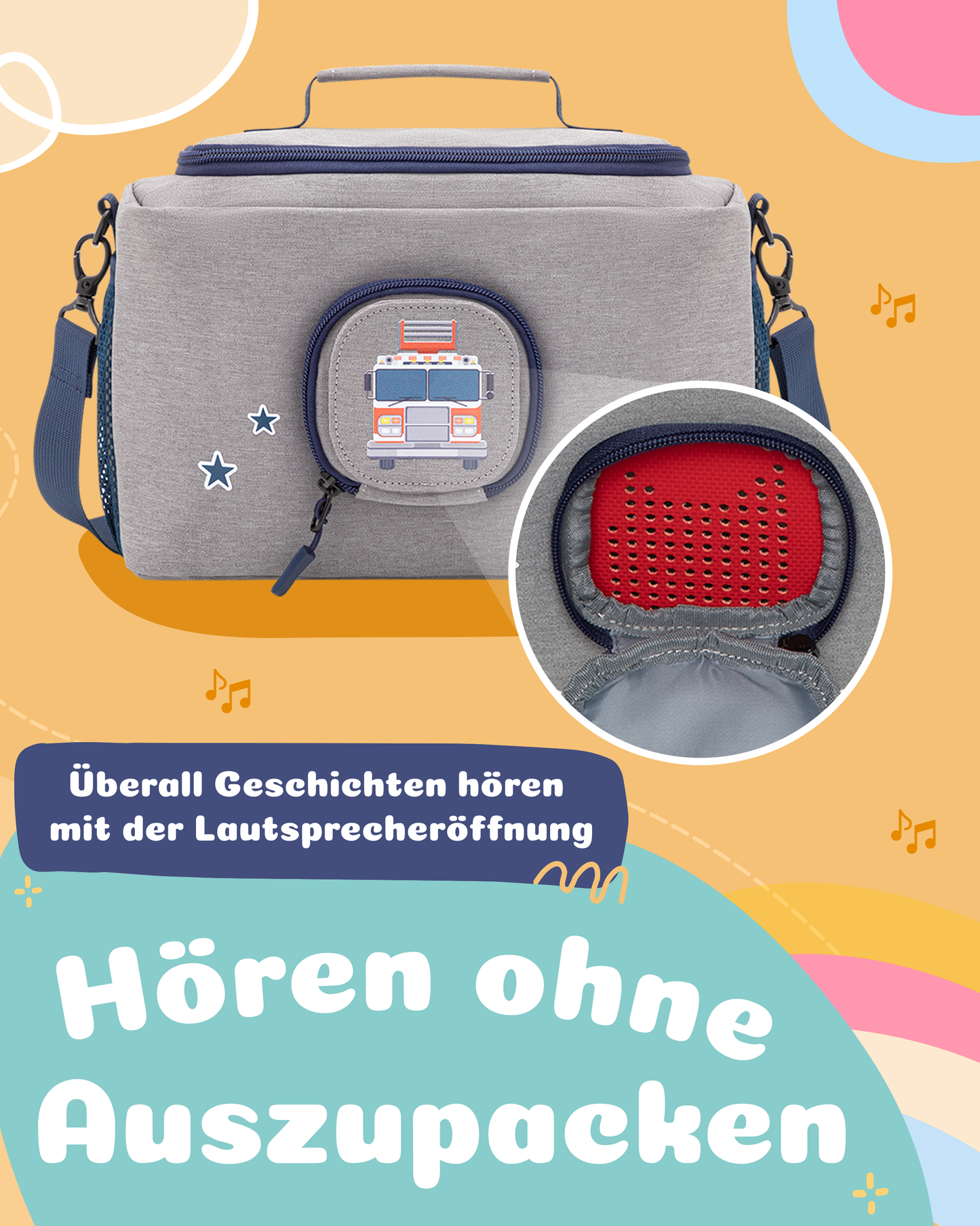 Tasche für Toniebox 1 & 2 - "BoxBag" für Musikbox, 20 Figuren und Kopfhörer, Grau-Blau Feuerwehr