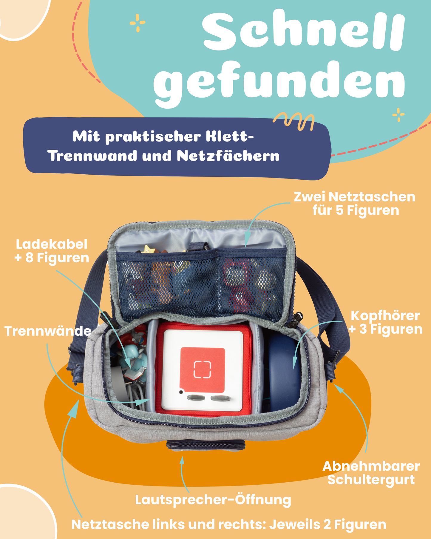 Tasche für Toniebox 1 & 2 - "BoxBag" für Musikbox, 20 Figuren und Kopfhörer, Grau-Blau Dino