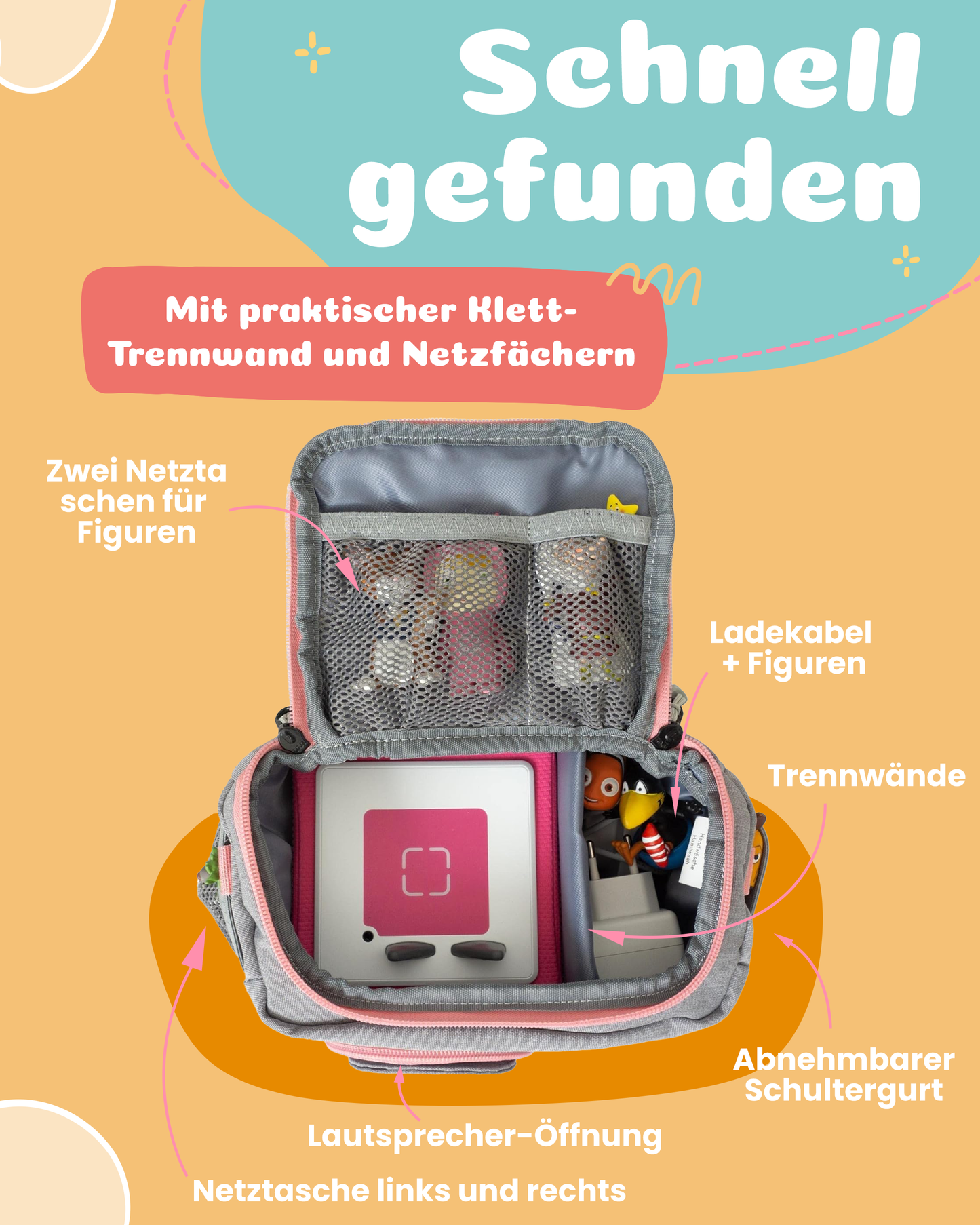 Tasche für Toniebox 1 und 2 - "BoxBag Mini" für Musikbox, 10 Figuren, Grau Rosa Fuchs