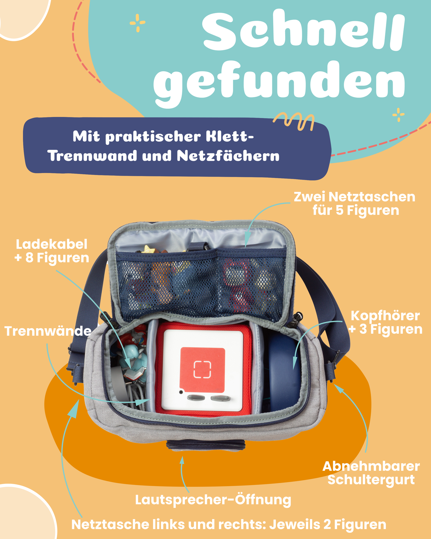 Tasche für Toniebox 1 & 2 - "BoxBag" für Musikbox, 20 Figuren und Kopfhörer, Grau-Blau Feuerwehr
