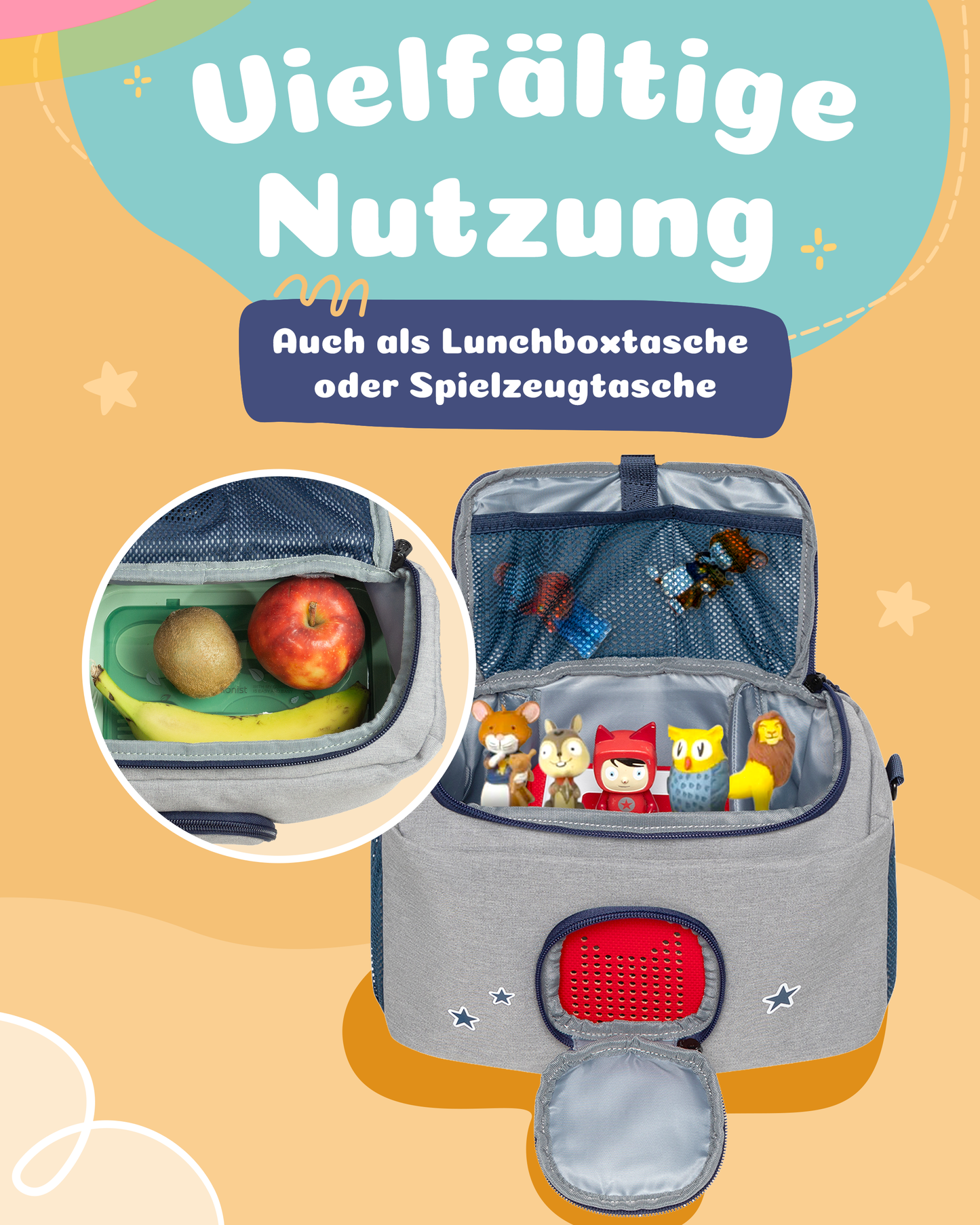 Tasche für Toniebox 1 & 2 - "BoxBag" für Musikbox, 20 Figuren und Kopfhörer, Grau-Blau Dino