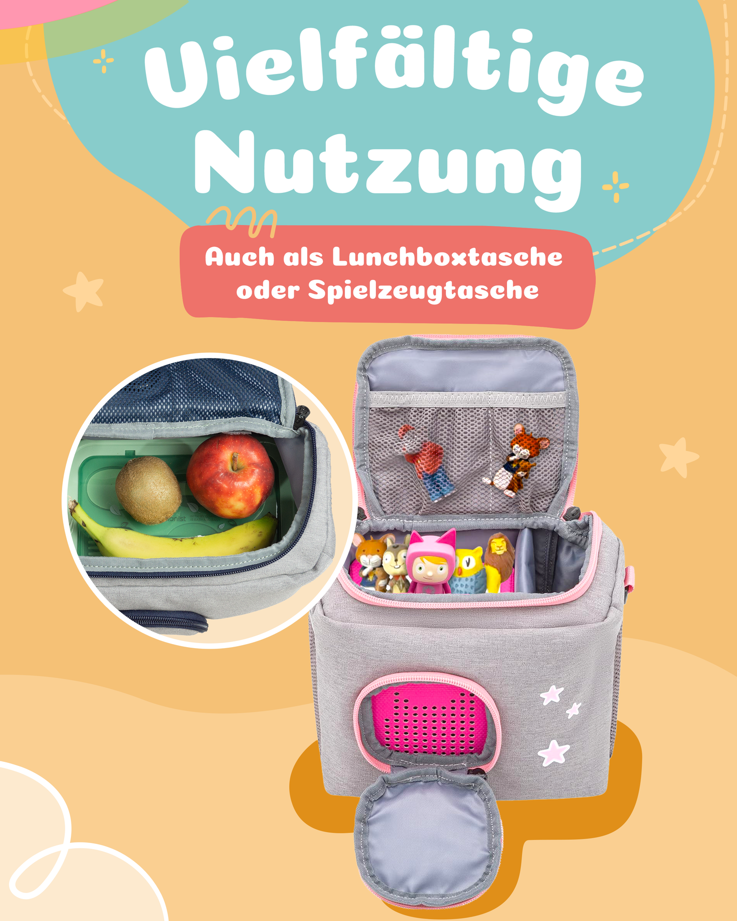 Tasche für Toniebox 1 und 2 - "BoxBag Mini" für Musikbox, 10 Figuren, Grau Rosa Fuchs
