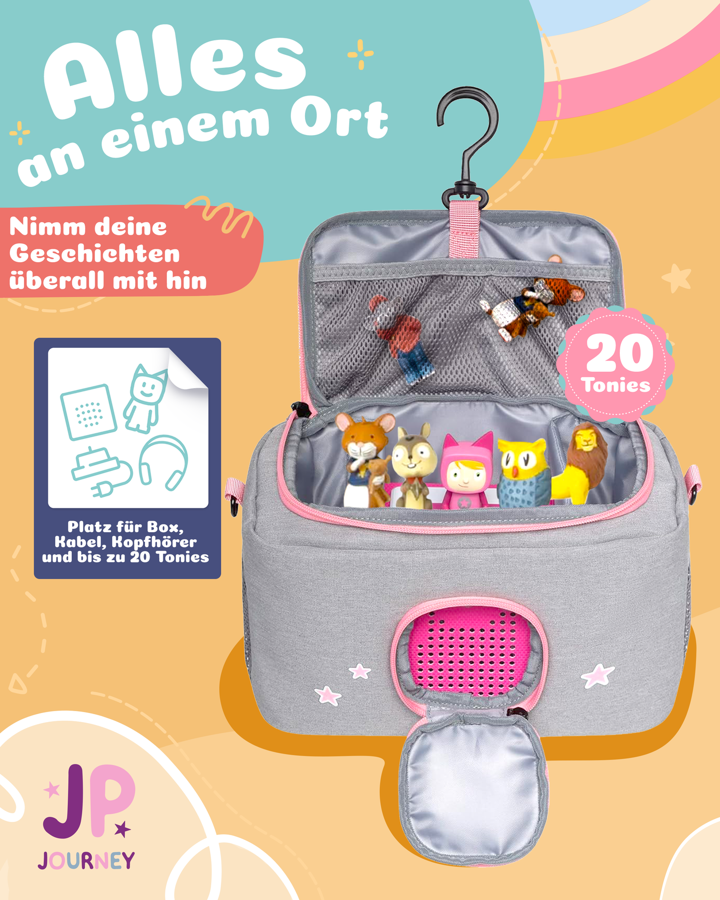 Tasche für Toniebox 1 und 2 - "BoxBag" für Musikbox, 20 Figuren und Kopfhörer, Grau-Rosa Regenbogen