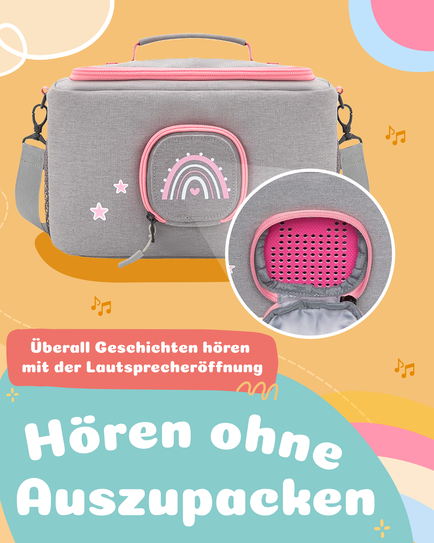 Tasche für Toniebox 1 und 2 - "BoxBag" für Musikbox, 20 Figuren und Kopfhörer, Grau-Rosa Regenbogen