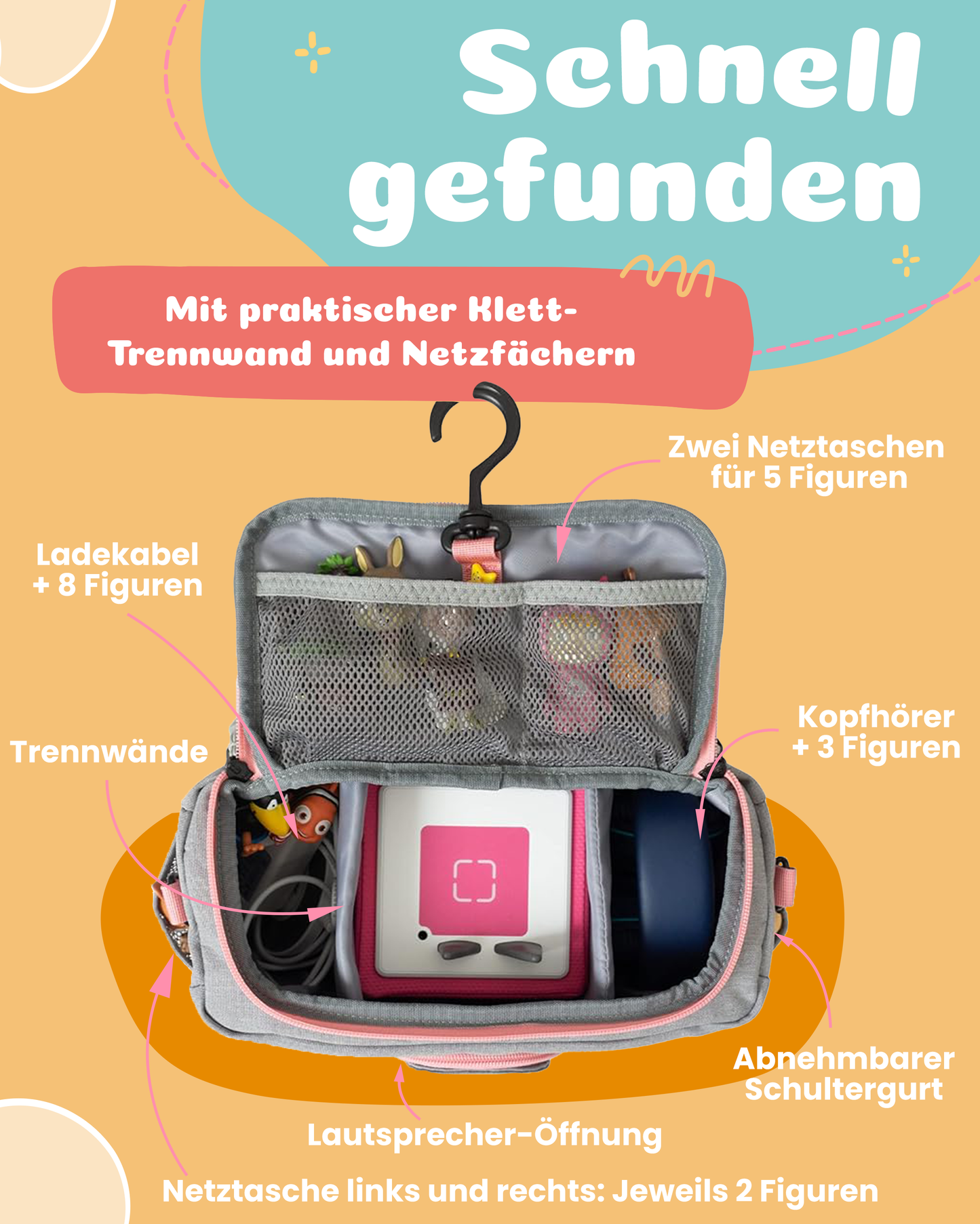 Tasche für Toniebox 1 und 2 - "BoxBag" für Musikbox, 20 Figuren und Kopfhörer, Grau-Rosa Regenbogen