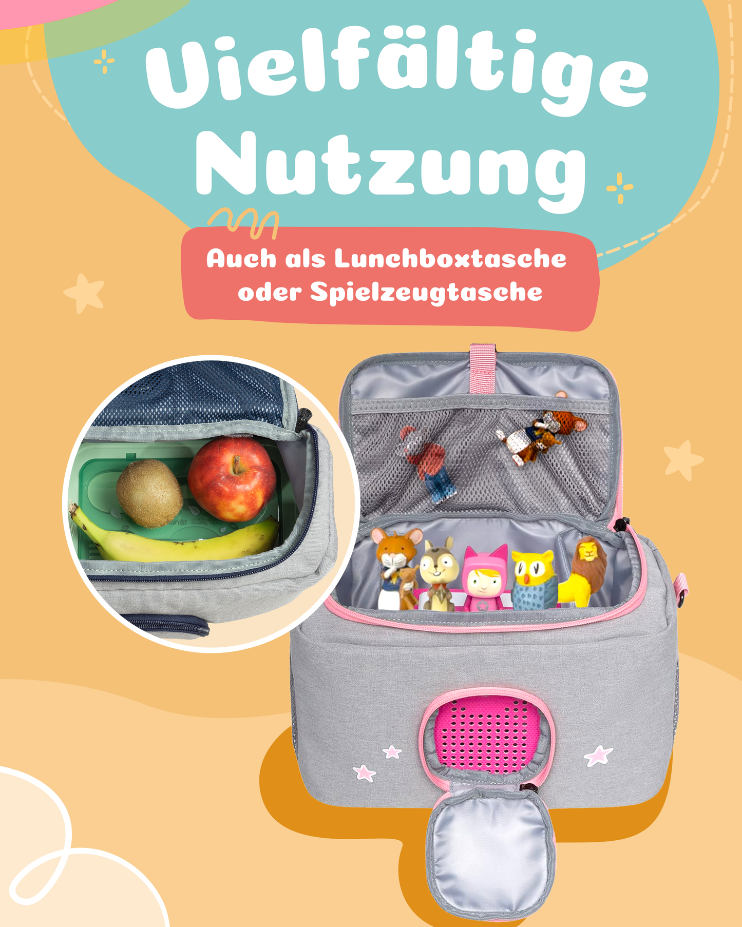Tasche für Toniebox 1 und 2 - "BoxBag" für Musikbox, 20 Figuren und Kopfhörer, Grau-Rosa Regenbogen