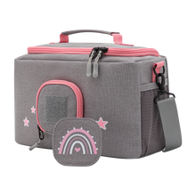 Load image into Gallery viewer, Tasche für Toniebox - &quot;BoxBag&quot; für Musikbox, 20 Figuren und Kopfhörer, Grau-Rosa Regenbogen
