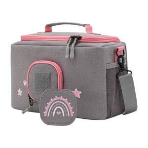 Tasche für Toniebox - "BoxBag" für Musikbox, 20 Figuren und Kopfhörer, Grau-Rosa Regenbogen