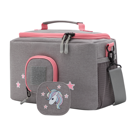Tasche für Toniebox - "BoxBag" für Musikbox, 20 Figuren und Kopfhörer, Grau-Rosa Einhorn