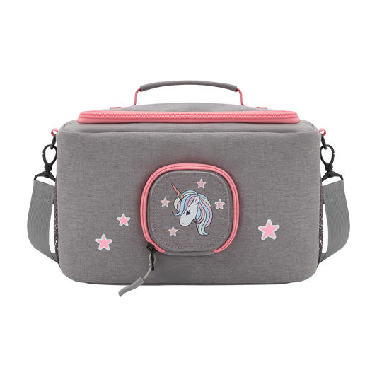 Tasche für Toniebox - "BoxBag" für Musikbox, 20 Figuren und Kopfhörer, Grau-Rosa Einhorn