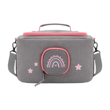 Load image into Gallery viewer, Tasche für Toniebox - &quot;BoxBag&quot; für Musikbox, 20 Figuren und Kopfhörer, Grau-Rosa Regenbogen
